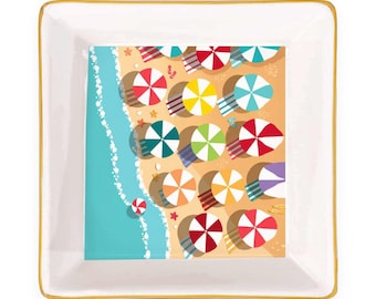 Colorful Beach Umbrella Ceramic Mahjong Dice Tray 4 Inch Gold Rim Summer Game Night Gift