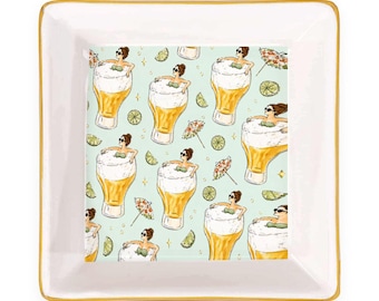 Beer Bath Ceramic Mahjong Dice Tray 4 Inch Gold Rim Funny Game Night Accessory Gift