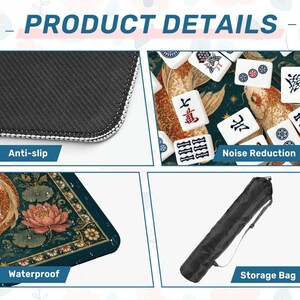 Koi Fish Mahjong Mat – Teal Lotus Chinese Mahjong Table Mat for Mahjong Set, 31.5 x 31.5 Inch