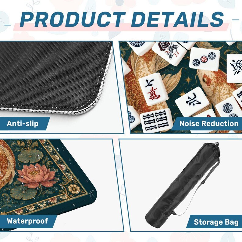 Koi Fish Mahjong Mat – Teal Lotus Chinese Mahjong Table Mat for Mahjong Set, 31.5 x 31.5 Inch