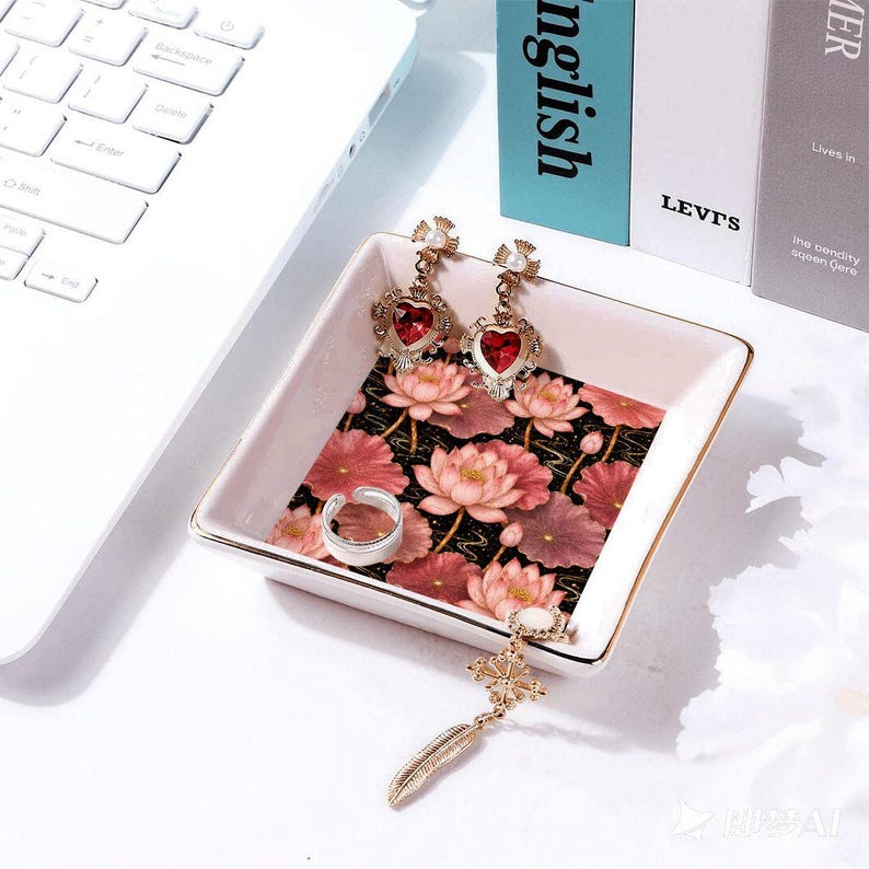 Pink Lotus Ceramic Mahjong Dice Tray 4 Inch Gold Rim Floral Game Night Accessory Gift image 4