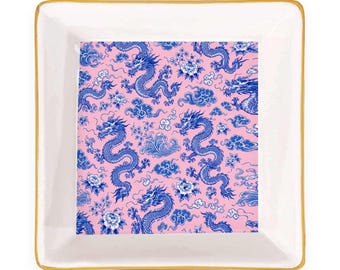 Pink and Blue Dragon Ceramic Mahjong Dice Tray 4 Inch Gold Rim Mahjong Accessory Game Night Gift