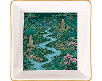 Chinese Landscape Ceramic Mahjong Dice Tray 4 Inch Gold Rim Mahjong Accessory Asian Inspired Game Night Gift