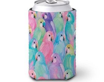 Colorful Watercolor Parrot Mahjong Neoprene Can Koozie