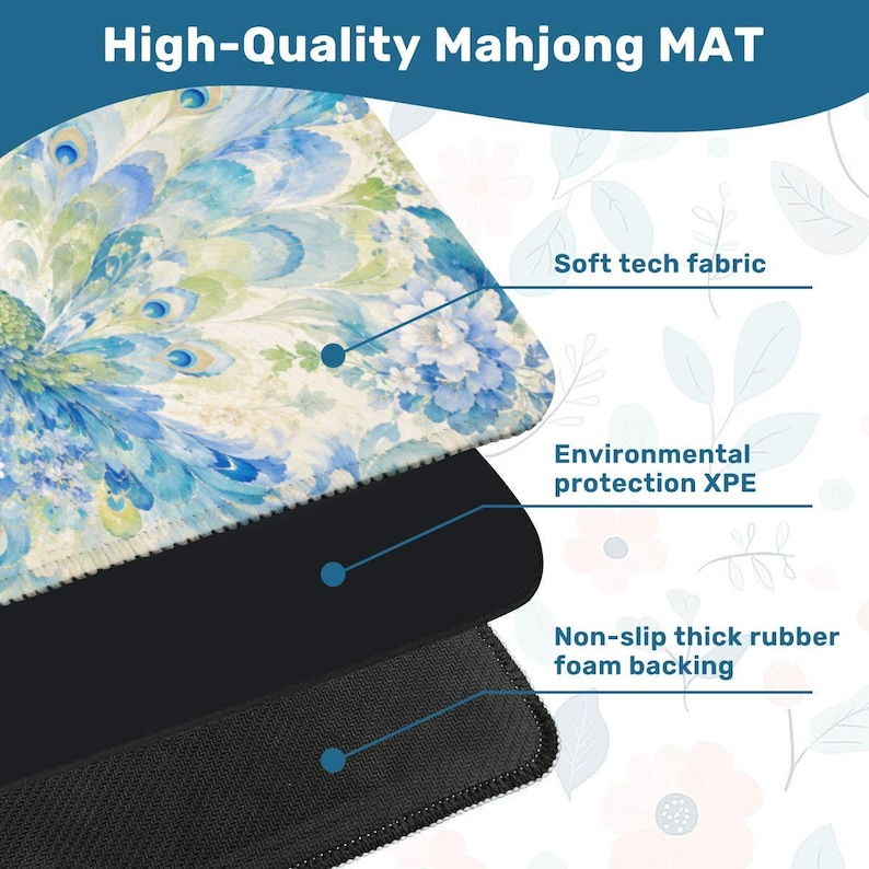 Blue Peacock Mahjong Mat, Chinoiserie Mahjong Table Mat, Floral Peacock Game Mat, Square Mahjong Mat