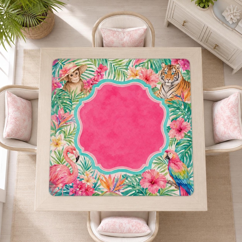 Palm Beach Mahjong Mat, Tropical Animal Game Mat, Pink Chinoiserie Mahjong Table Mat, Monkey Tiger Flamingo Parrot Gift