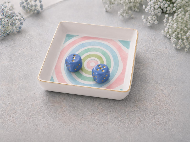 Pastel Rainbow Mahjong Dice Tray with Blue Dice, Gold Rim Ceramic 4x4 Tray, Colorful Dice Bowl, Mahjong Gift, Mahjong Accessory
