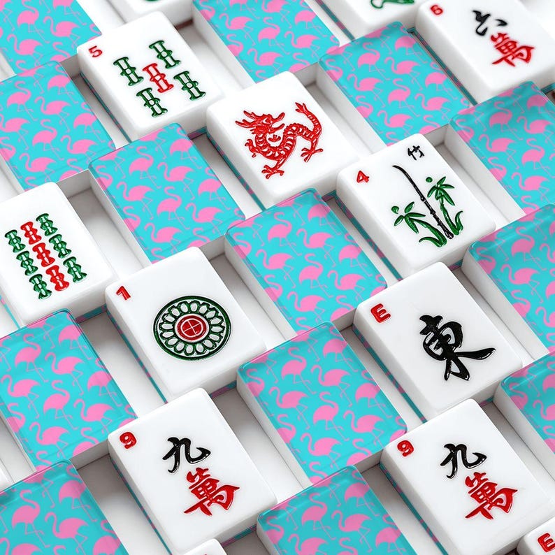 Pink Flamingo Mahjong Tiles Turquoise Tropical Mahjong Set With Traditional Chinese Tile Fronts