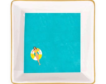 Poolside Swimmer Ceramic Mahjong Dice Tray 4 Inch Gold Rim Summer Game Night Accessory Gift