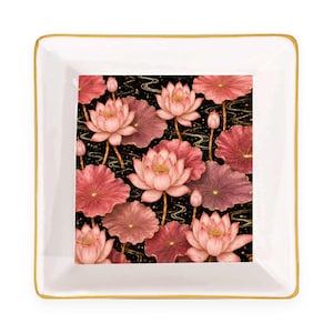 Pink Lotus Ceramic Mahjong Dice Tray 4 Inch Gold Rim Floral Game Night Accessory Gift