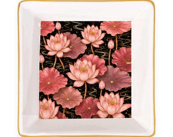 Pink Lotus Ceramic Mahjong Dice Tray 4 Inch Gold Rim Floral Game Night Accessory Gift