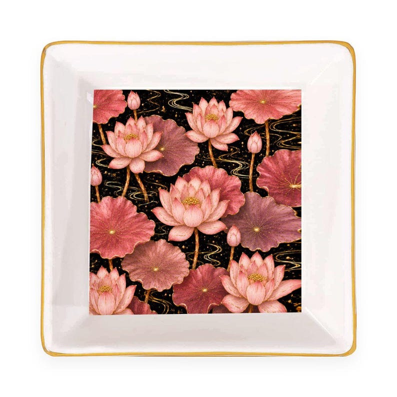 Pink Lotus Ceramic Mahjong Dice Tray 4 Inch Gold Rim Floral Game Night Accessory Gift