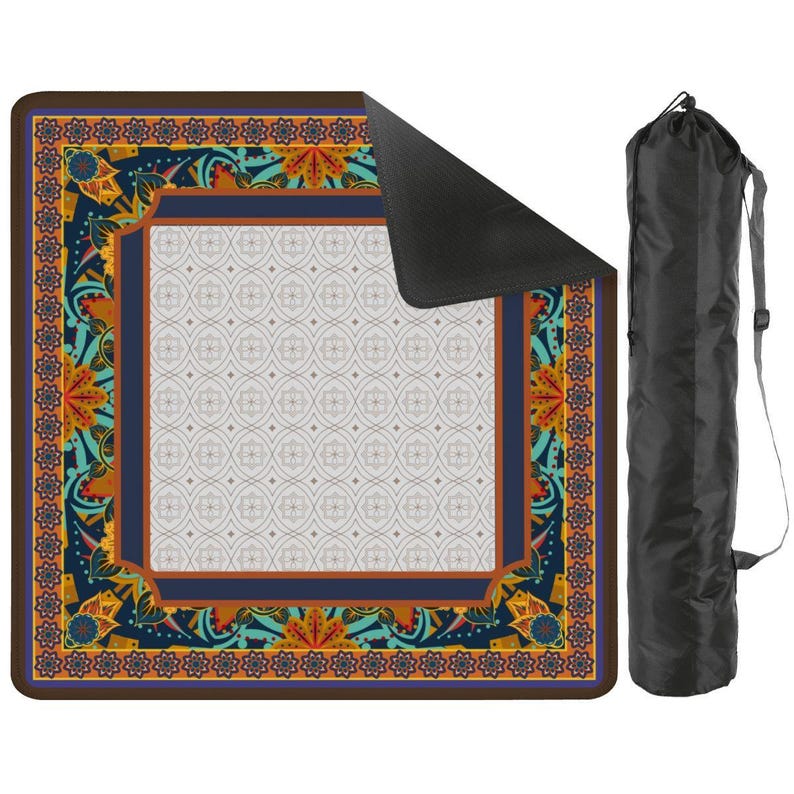Boho Mahjong Mat Blue Orange | Vintage Pattern Game Table Mat | Non Slip Mahjong Mat 31.5 x 31.5 in