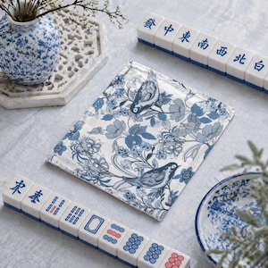 Floral Blue Bird Mahjong Card Covers with Line Readers (Set of 4)