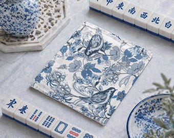 Floral Blue Bird Mahjong Card Covers with Line Readers (Set of 4)