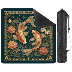 Koi Fish Mahjong Mat – Teal Lotus Chinese Mahjong Table Mat for Mahjong Set, 31.5 x 31.5 Inch