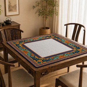Boho Mahjong Mat Blue Orange | Vintage Pattern Game Table Mat | Non Slip Mahjong Mat 31.5 x 31.5 in