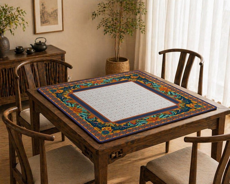 Boho Mahjong Mat Blue Orange | Vintage Pattern Game Table Mat | Non Slip Mahjong Mat 31.5 x 31.5 in