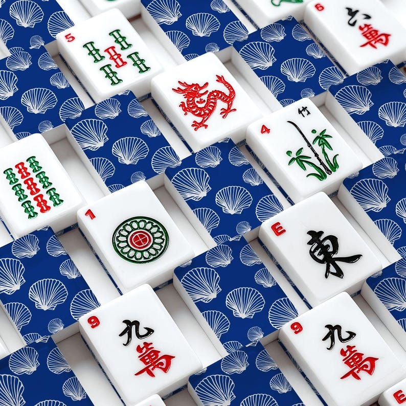 Blue Seashell Mahjong Tiles Coastal Ocean Mahjong Set With Traditional Chinese Tile Fronts