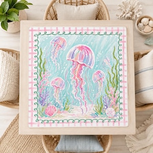 Watercolor Jellyfish Mahjong Mat, Coastal Ocean Mahjong Table Mat, Pastel Pink Jellyfish Game Mat, Square Mahjong