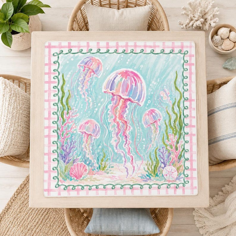 Watercolor Jellyfish Mahjong Mat, Coastal Ocean Mahjong Table Mat, Pastel Pink Jellyfish Game Mat, Square Mahjong