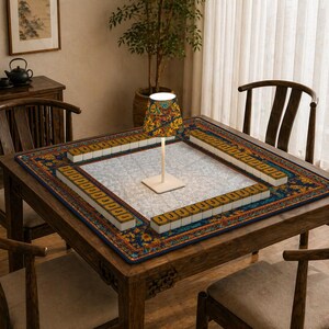 K&ouml;nnte beinhalten: Ein quadratischer Mahjong-Tisch aus Holz mit einer gemusterten Matte, umgeben von vier Holzst&uuml;hlen. Der Tisch ist mit Spielsteinen best&uuml;ckt, und eine Lampe mit farbenfrohem Schirm steht in der Mitte. Der Raum hat eine warme, einladende Atmosph&auml;re.