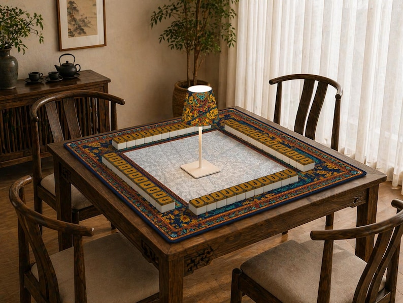 K&ouml;nnte beinhalten: Ein quadratischer Mahjong-Tisch aus Holz mit einer gemusterten Matte, umgeben von vier Holzst&uuml;hlen. Der Tisch ist mit Spielsteinen best&uuml;ckt, und eine Lampe mit farbenfrohem Schirm steht in der Mitte. Der Raum hat eine warme, einladende Atmosph&auml;re.