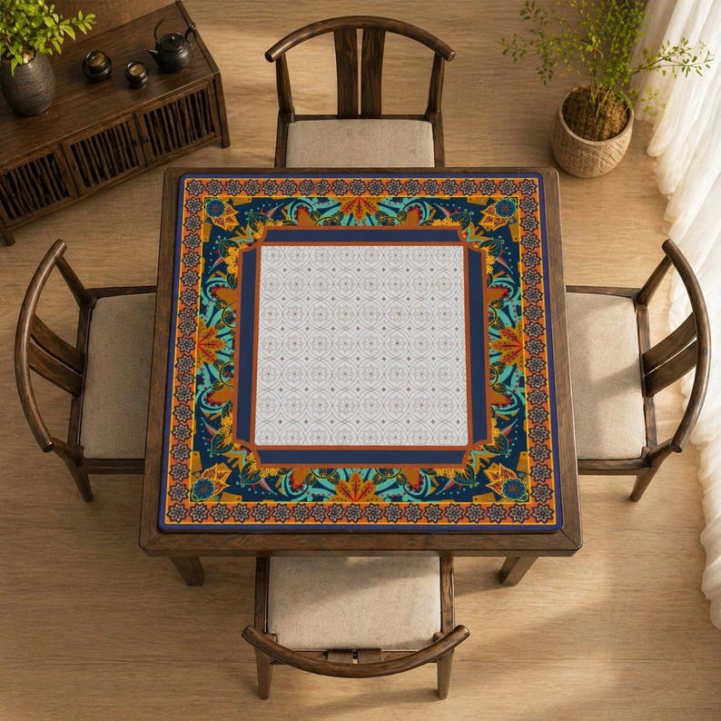 Boho Mahjong Mat Blue Orange | Vintage Pattern Game Table Mat | Non Slip Mahjong Mat 31.5 x 31.5 in