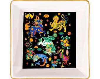 Chinese Mythical Creatures Ceramic Mahjong Dice Tray 4 Inch Gold Rim Game Night Accessory Gift