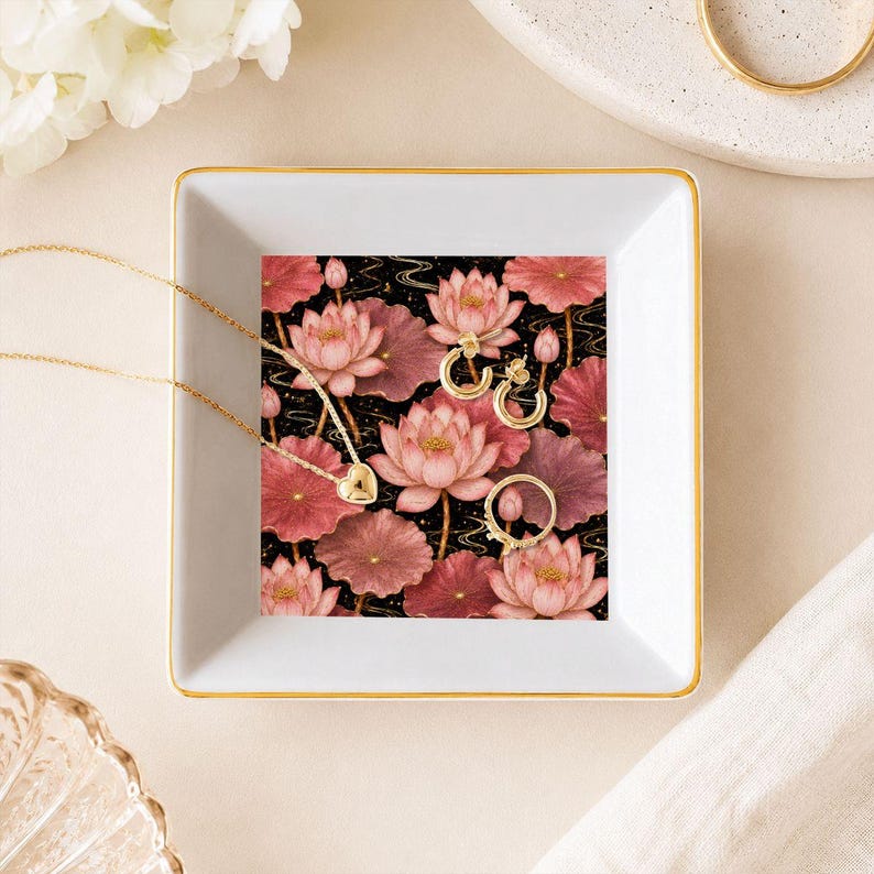Pink Lotus Ceramic Mahjong Dice Tray 4 Inch Gold Rim Floral Game Night Accessory Gift
