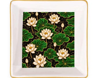 White Lotus Ceramic Mahjong Dice Tray 4 Inch Gold Rim Floral Game Night Accessory Gift