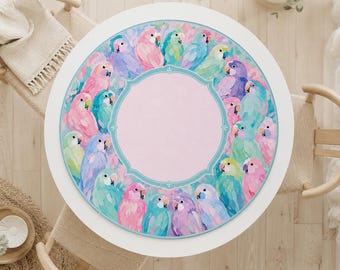 Pastel Bird Round Mahjong Mat, Colorful Parrot Mah Jongg Table Mat, Watercolor Mahjong Playing Mat, Gift for Mahjong Lovers