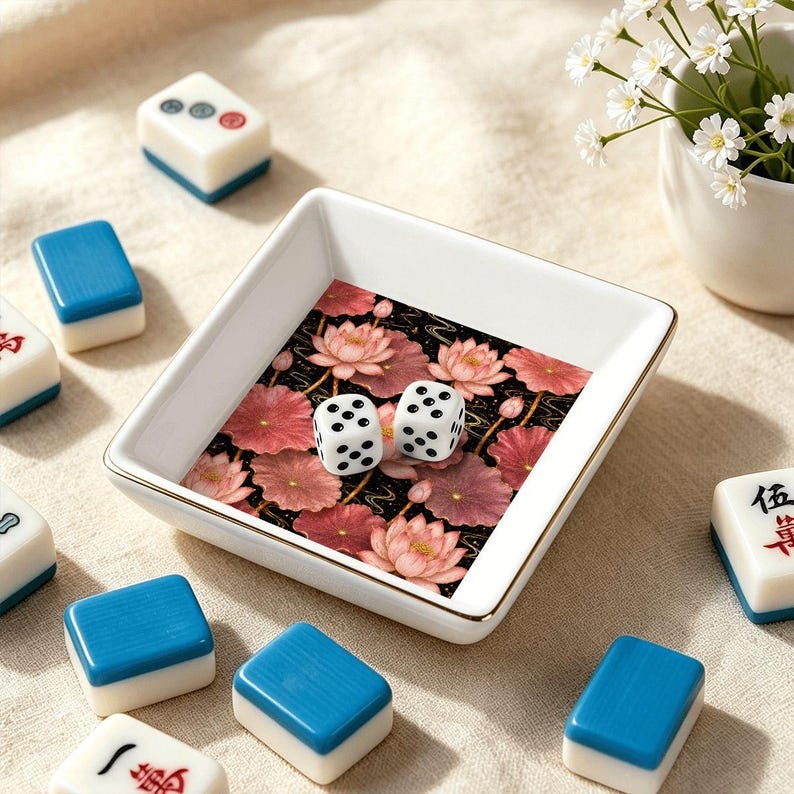Pink Lotus Ceramic Mahjong Dice Tray 4 Inch Gold Rim Floral Game Night Accessory Gift