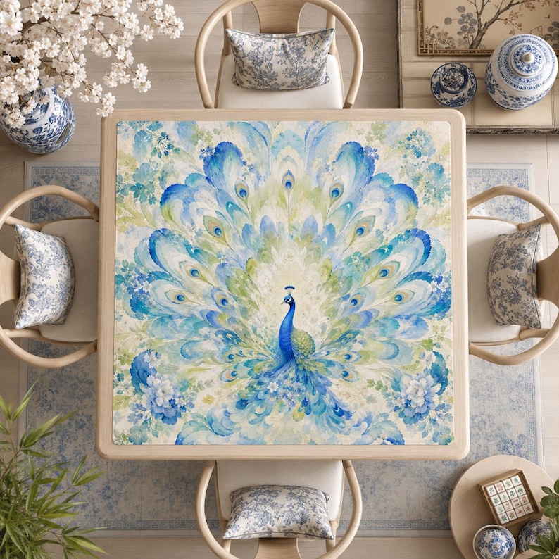 Blue Peacock Mahjong Mat, Chinoiserie Mahjong Table Mat, Floral Peacock Game Mat, Square Mahjong Mat