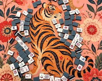 Pink Tiger Floral Mahjong Mat – Celestial Accents, Asian-Inspired Gaming Accessory (31.5 Inch)