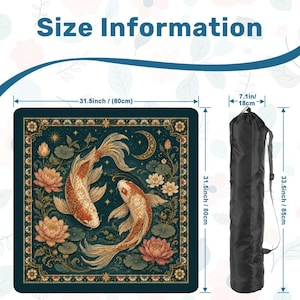 Koi Fish Mahjong Mat – Teal Lotus Chinese Mahjong Table Mat for Mahjong Set, 31.5 x 31.5 Inch