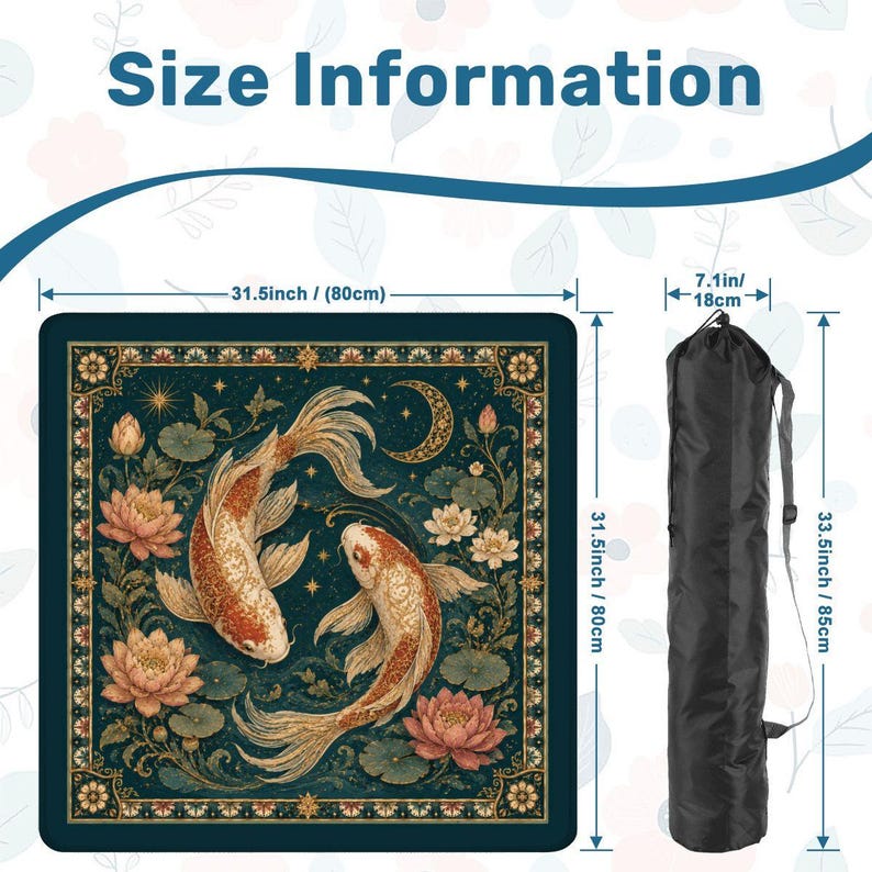 Koi Fish Mahjong Mat – Teal Lotus Chinese Mahjong Table Mat for Mahjong Set, 31.5 x 31.5 Inch
