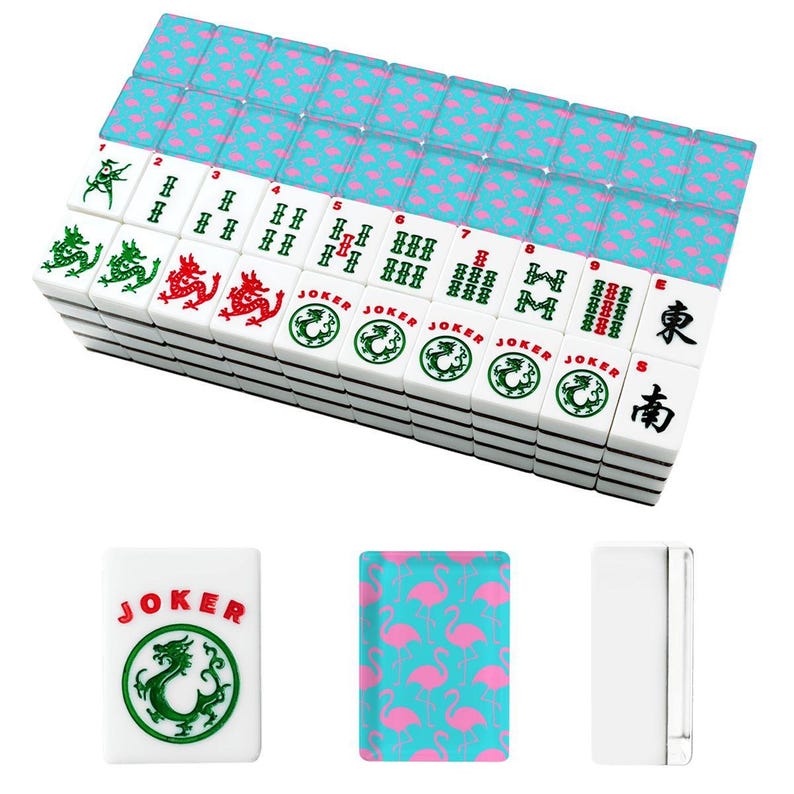 Pink Flamingo Mahjong Tiles Turquoise Tropical Mahjong Set With Traditional Chinese Tile Fronts