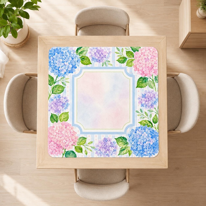 Pastel Hydrangea Mahjong Mat with Watercolor Floral Design, Soft Blue and Pink Mahjong Table Cover