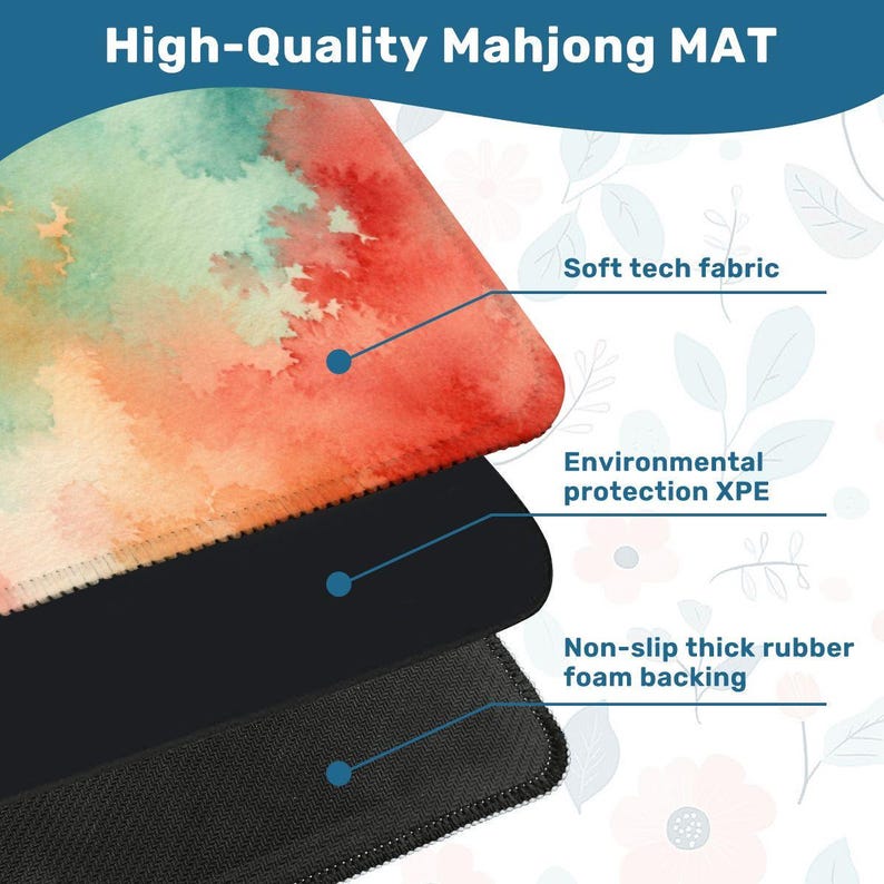 Abstract Watercolor Mahjong Mat, Modern Coral Green Mahjong Table Mat, Colorful Square Mahjong Game Mat