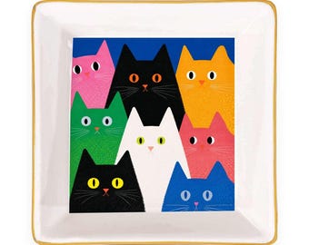 Colorful Cat Ceramic Mahjong Dice Tray 4 Inch Gold Rim Mahjong Accessory Cat Lover Game Night Gift