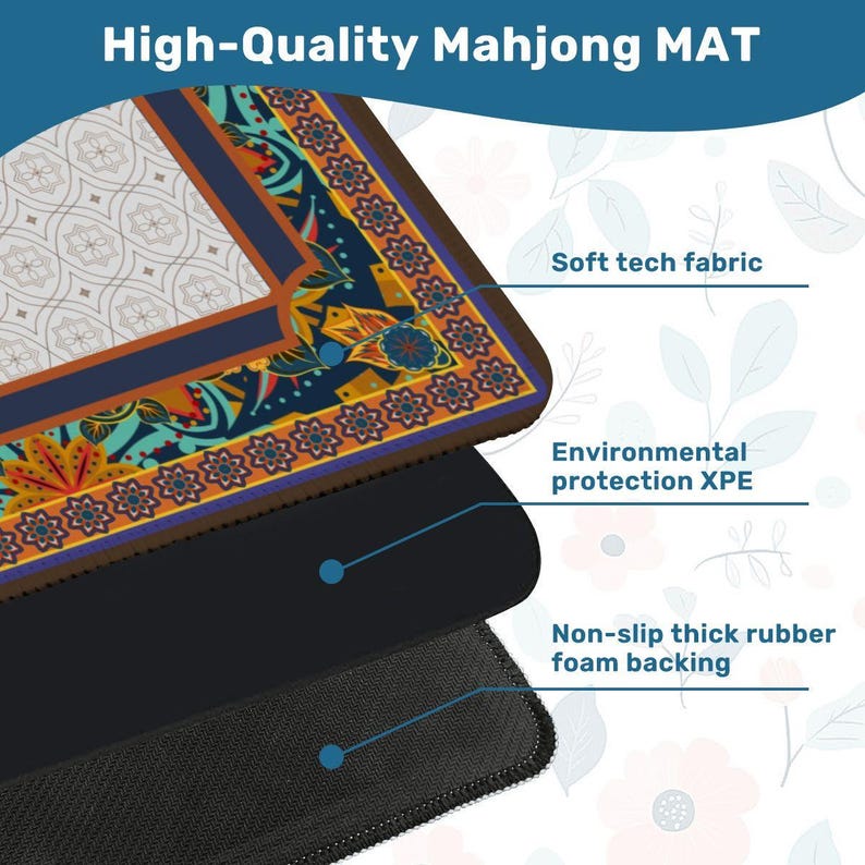 Boho Mahjong Mat Blue Orange | Vintage Pattern Game Table Mat | Non Slip Mahjong Mat 31.5 x 31.5 in