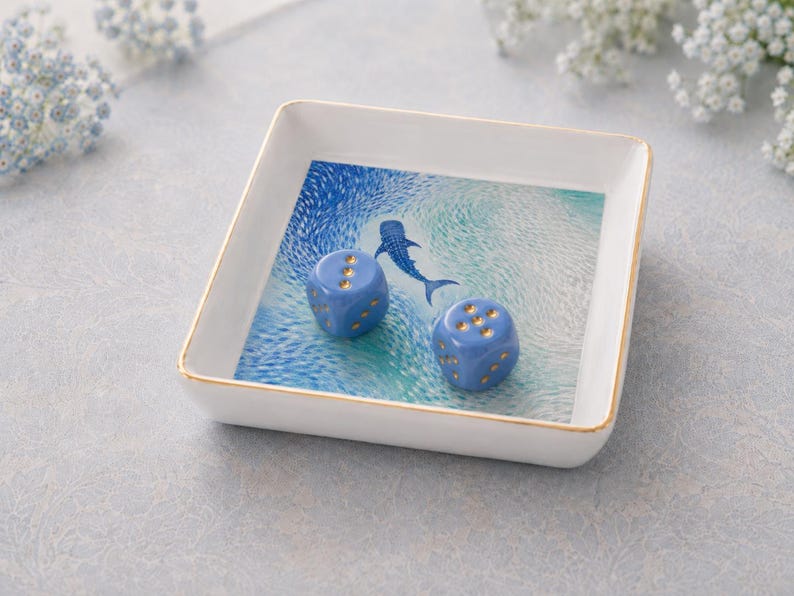 Whale Shark Mahjong Dice Tray with Blue Dice, Gold Rim Ceramic 4x4 Tray, Ocean Dice Bowl, Mahjong Gift, Coastal Mahjong Accessory