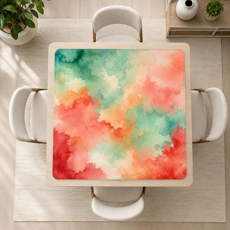 Abstract Watercolor Mahjong Mat, Modern Coral Green Mahjong Table Mat, Colorful Square Mahjong Game Mat