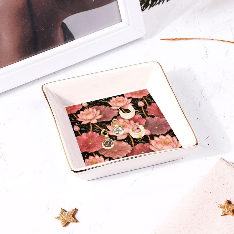 Pink Lotus Ceramic Mahjong Dice Tray 4 Inch Gold Rim Floral Game Night Accessory Gift image 7
