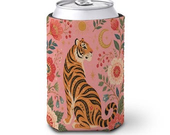 Pink Tiger Floral Mahjong Neoprene Can Koozie