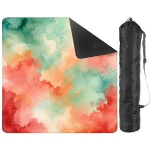 Abstract Watercolor Mahjong Mat, Modern Coral Green Mahjong Table Mat, Colorful Square Mahjong Game Mat