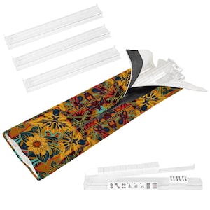 May include: A colorful Mahjong set with a patterned carrying case. The case features a floral design in shades of yellow, orange, red, and teal. The set includes clear plastic tile racks and white tiles with black symbols.