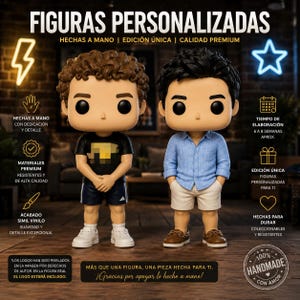 May include: Two personalized figurines, one in a black shirt and shorts, the other in a blue shirt and khaki shorts. The figurines are handmade, with premium materials, and are designed to last. The text says "FIGURAS PERSONALIZADAS".