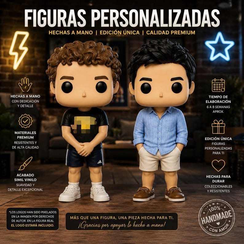 May include: Two personalized figurines, one in a black shirt and shorts, the other in a blue shirt and khaki shorts. The figurines are handmade, with premium materials, and are designed to last. The text says "FIGURAS PERSONALIZADAS".